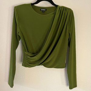 Express Matte Crew Neck Long Sleeve Draped Cropped Top
